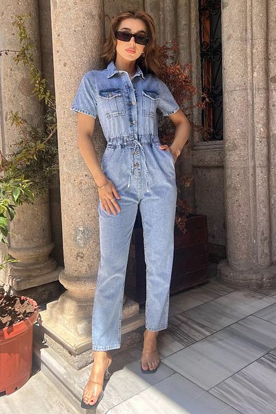 GÜLSELİ Polo Neck Women's Jeans - Double Pocket Denim Overalls Salopet