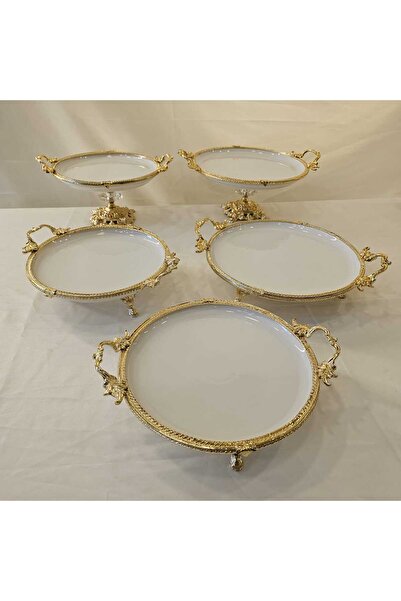 Genel Markalar 5 PARCA AYAKLI DÖKÜM KENAR DETAYLARI MOTİFLİ PORSELEN SUNUM SE...