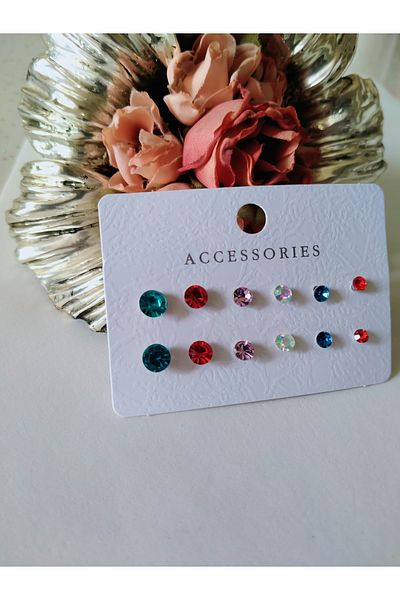 MİRAKSESUAR Set of 12 Colorful Stone Detailed Earrings