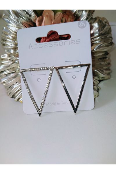 MİRAKSESUAR Triangle Model Zircon Stone Silver Colored Earrings