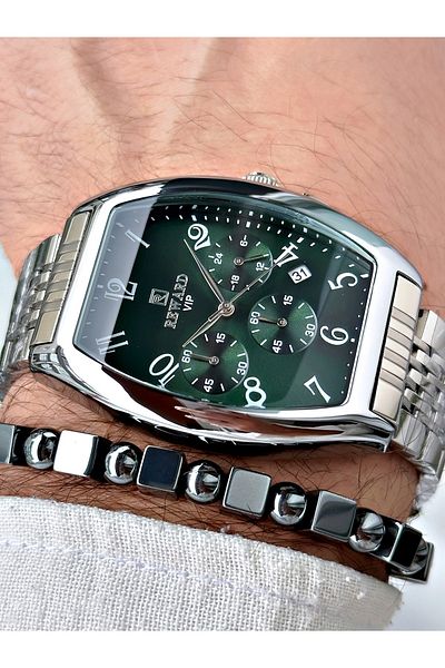 Reward Men's Silver Colored Square Model Functional Wrist Watch and Gift Bracelet
