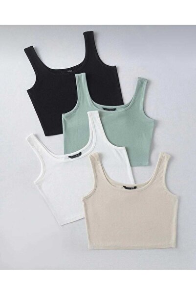 ModaTEKS Дамска блуза с къс топ в черно-бяло-зелено-кафяво