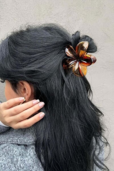 Zehra Aksesuar Kahverengi büyük boy Hawaii Hibiscus Lotus çiçeği mandal toka