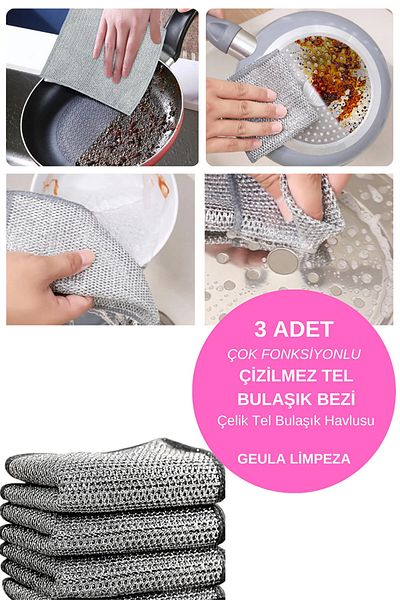 Ecolux 3 Pieces of Inox Wire Cloth - Dish, Difficult Dirt and Kitchen Bathroom Cloth, Double Layer and Multi-Purpose