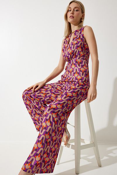 Happiness İstanbul Lila-beiger gemusterter Satin-Overall für Damen WF00072