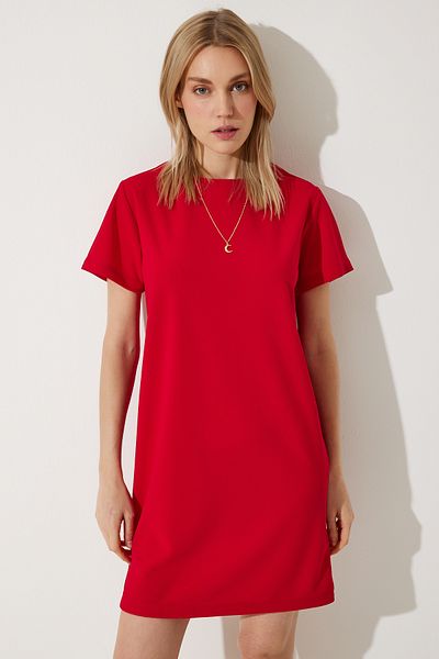 Happiness İstanbul Rotes Basic-Crêpe-Kleid mit Rundhalsausschnitt für Damen TO00136