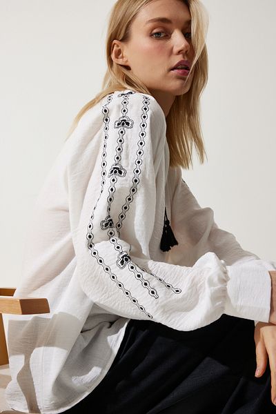 Happiness İstanbul Dámská ecru vyšívaná oversize lněná halenka RG00038