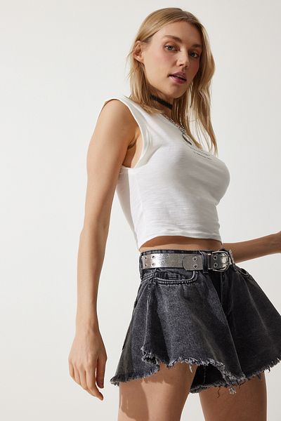Happiness İstanbul Women's Anthracite Tasseled Mini Denim Shorts HE00002