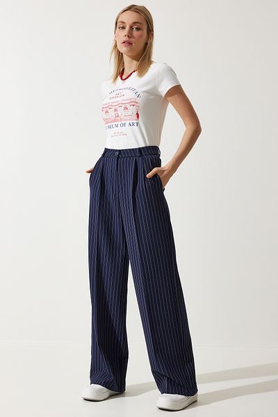 Happiness İstanbul Damen Marineblaue, dünn gestreifte Palazzo-Hose mit maskulinem Schnitt DW00005