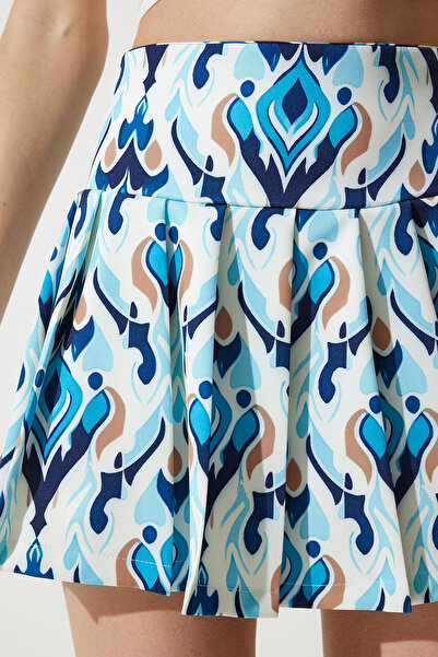 Happiness İstanbul Fustă țesută mini albastră ecru pentru femei CR00434