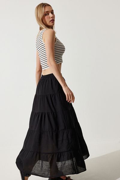 Happiness İstanbul Woman's Black Flounced Summer Loose Comfortable Skirt RG00036
