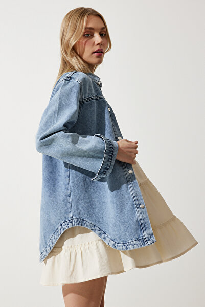 Happiness İstanbul Γυναικείο τζιν μπουφάν μεσαίου μπλε oversize RV00186