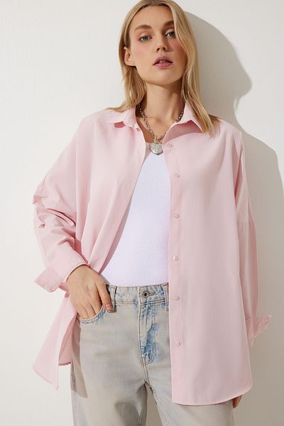 Happiness İstanbul Women's Airplane Pink Oversize Long Basic Shirt DD00842