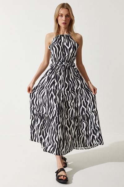 Happiness İstanbul Schwarz-weißes Sommerkleid aus Viskose mit Neckholderkragen für Damen ZV00269