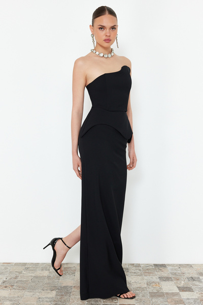 Trendyol Collection Černé tkané dlouhé stylové večerní šaty přiléhavé na tělo Tprss24Ae00171