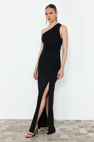 Trendyol Collection Μαύρα μονόμανικα πλεκτά βραδινά φορέματα φόρεμα TPRSS24AE00172