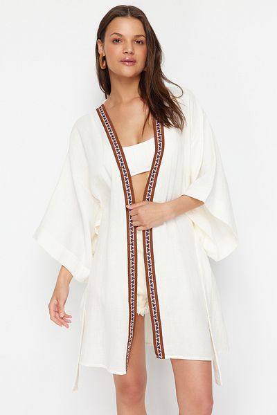 Trendyol Collection Ecru Belted Maxi Woven Muslin Beach Kimono & Kaftan TBESS24KM00028