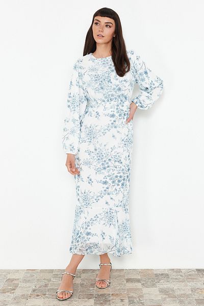 Trendyol Modest Φόρεμα με φλοράλ υφαντό σιφόν με εκρού TCTSS24EB00204
