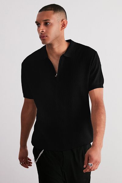 Trendyol Collection Black Regular Fit Openwork Zippered Knitwear Polo Collar T-Shirt TMNSS24PO00001