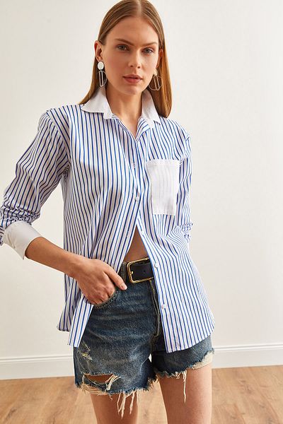 Olalook Women's Navy Blue Cuff Collar Detailed Striped Shirt GML-19001210