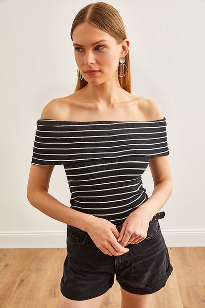 Olalook Γυναικεία ριγέ μαύρο γιακά Madonna μπλούζα Lycra BLZ-19002586