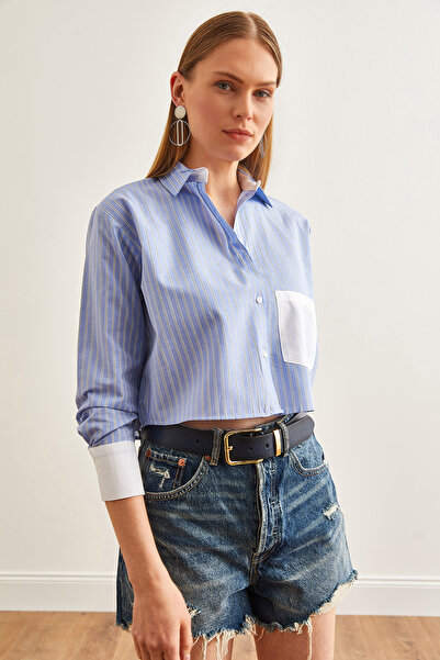 Olalook Dámská modrá jednokapsová proužkovaná plodinová košile GML-19001209