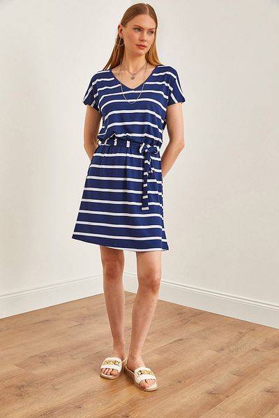 Olalook Gestreiftes, marineblaues, legeres Viskose-Strickkleid mit V-Ausschnitt und Gürtel für Damen ELB-19002153