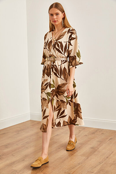 Olalook Дамска рокля с прилеп с цепки с еластична талия на листа и кафе ELB-19002171