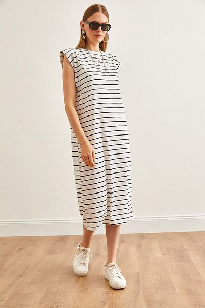 Olalook Weißes, wattiertes, gestreiftes Midikleid für Damen ELB-19002164