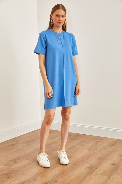 Olalook Rochie mini pentru femei albastră cu cusătură în față cu textura moale ELB-19002087