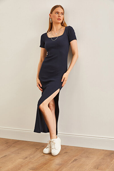 Olalook Жіноча темно-синя еластична сукня максі з квадратним вирізом і боковими розрізами ELB19002172