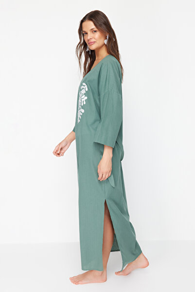 Trendyol Collection Maxi Khaki Belted Embroidered Beach Kimono - Tbess24Km00068