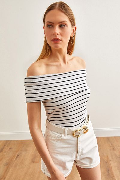 Olalook Dámská pruhovaná bílá blůza Madonna s límcem Lycra BLZ-19002586