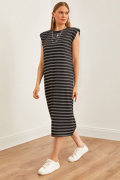 Olalook Rochie midi cu dungi negre pentru damă - căptușită, ELB-19002164