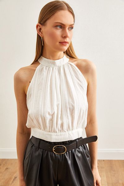 Olalook Women's Ecru Halter Collar Back Low-cut Belted Linen Blouse BLZ-19002638