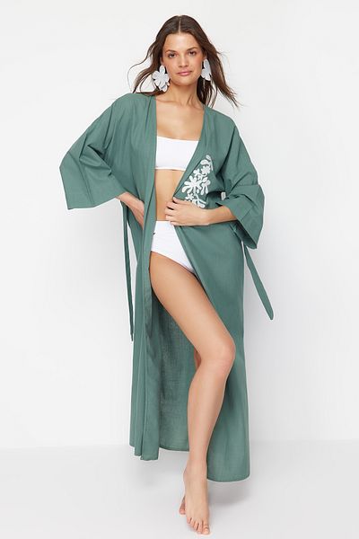 Trendyol Collection Khakifarbener, gewebter, bestickter Maxi-Kimono und Kaftan mit Gürtel TBESS24KM00068