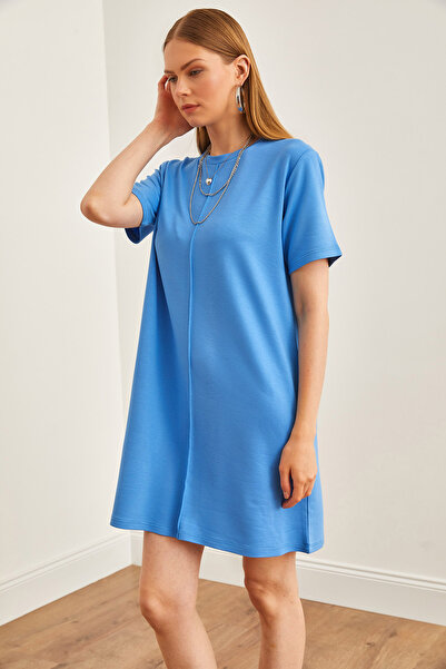 Olalook Kadın Mavi Önü Dikişli Yumuşak Dokulu Mini Elbise ELB-19002087