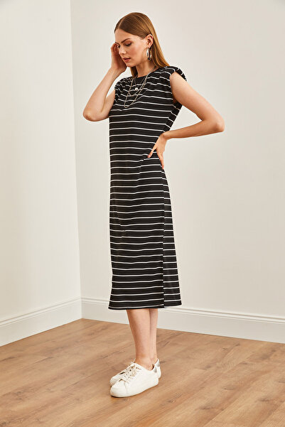 Olalook Black Striped Midi Women's Dress - Padded, ELB-19002164