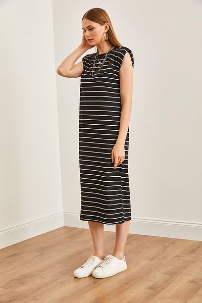 Olalook Rochie midi cu dungi negre pentru damă - căptușită, ELB-19002164