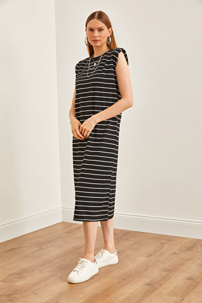 Olalook Black Striped Midi Women's Dress - Padded, ELB-19002164