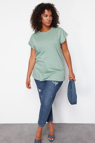 Trendyol Curve Mint 100% Cotton More Sustainable Stitching Detailed Knitted Blouse TBBSS24AF00087