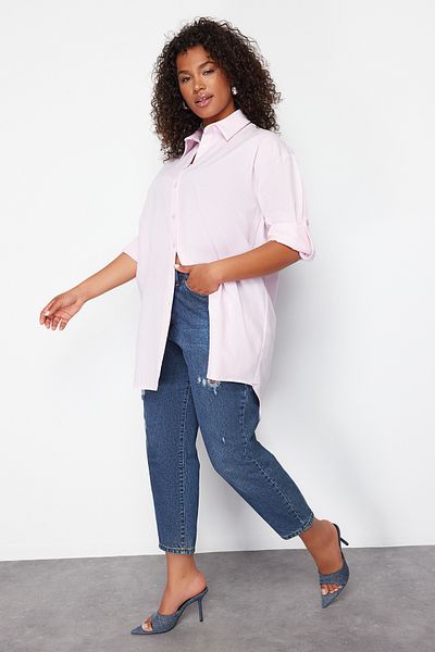 Trendyol Curve Light Pink Cotton Woven Beach Shirt - Relaxed Fit TBBSS24AX00015