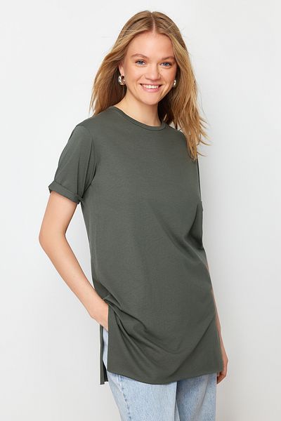Trendyol Modest Černá-Khaki 2-balení Rozparek Detailní Crew Neck Krátký rukáv Základní pletené tričko TCTSS21UK0009