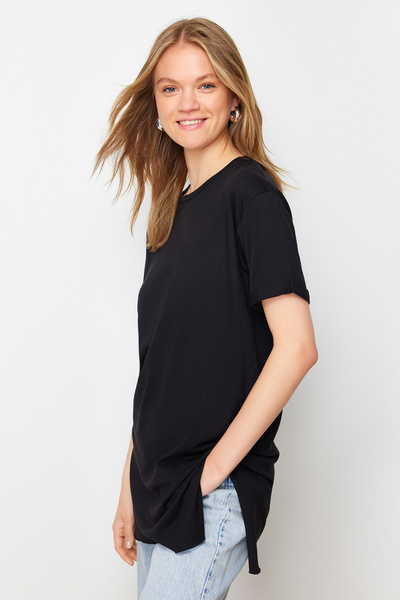 Trendyol Modest Černá-Khaki 2-balení Rozparek Detailní Crew Neck Krátký rukáv Základní pletené tričko TCTSS21UK0009