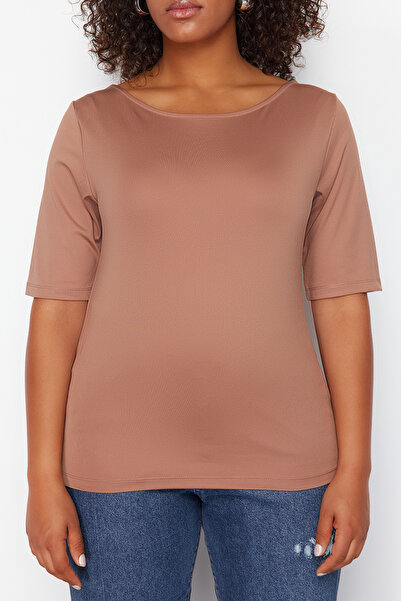 Trendyol Curve Mink More Sustainable - 100% βαμβακερή πλεκτή μπλούζα TBBSS24AF00088