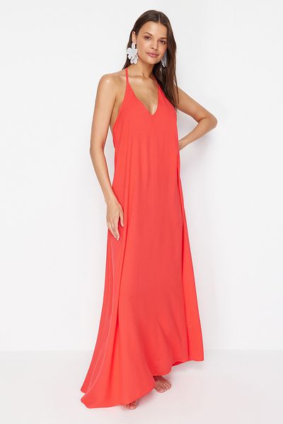 Trendyol Collection Piros Maxi Woven Back mélyen dekoltált strandruha TBESS24EL00022