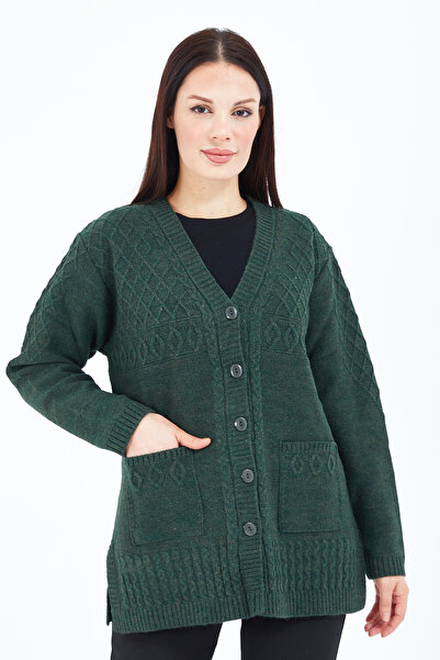 Stilmony Women's Khaki Green Buttoned Wool Mother Knitwear Short Cardigan