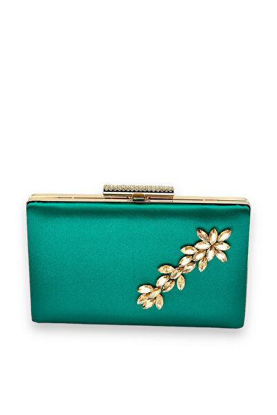 Generic Brand Green Satin Color - Crystal Jewelled Evening Dress Clutch Eveni...