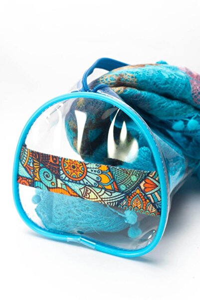 AlpCollection Fırça Desen El Tutmalı Büyük Boy Mavi Şeffaf Tatil Plaj Kozmetik Makyaj ve Bakım Çantası