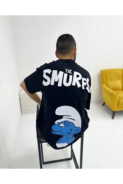 ufukmoda Unisex Black the Smurfs Smurfs Printed Oversize Crew Neck T-Shirt